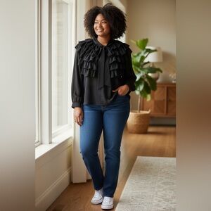 H. studio Black Ruffled Front Blouse‎